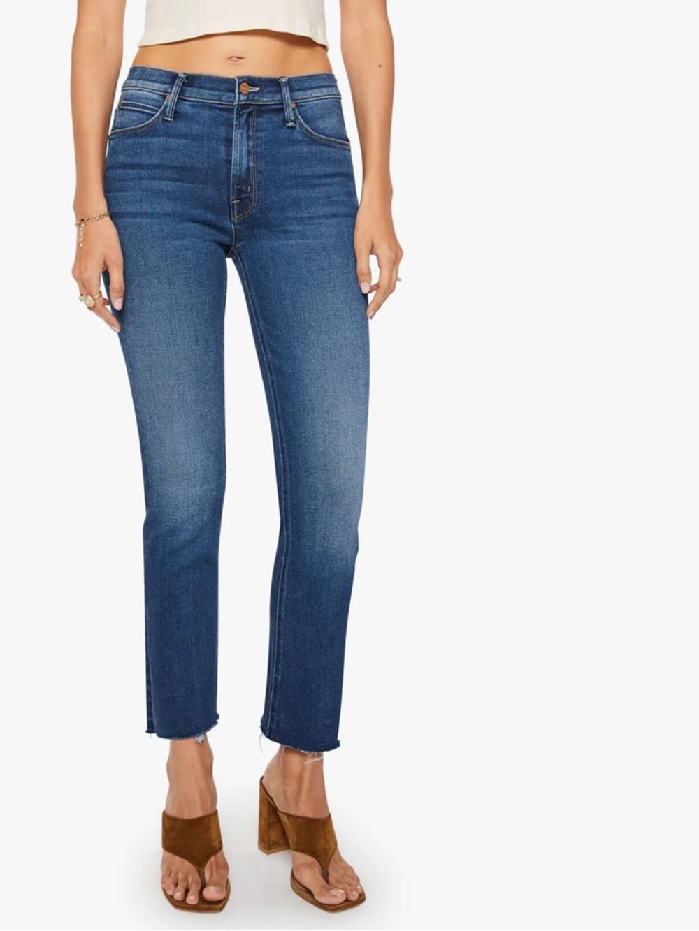 MOTHER Mid-Rise Dazzler Ankle Fray Jeans Blue Denim Straight Leg Raw Hem